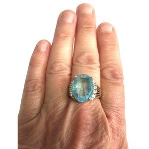 Gold Tone Cocktail Ring with Light Blue and Clear Crystal Stones Size 10 *Read*